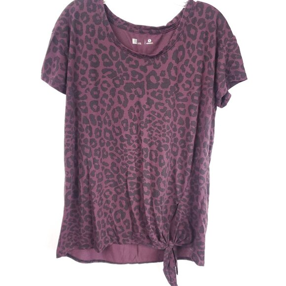 Xersion Womens Purple Black Leopard Animal Print Shrt Slv Front Tie Knot Sz L - Picture 1 of 8